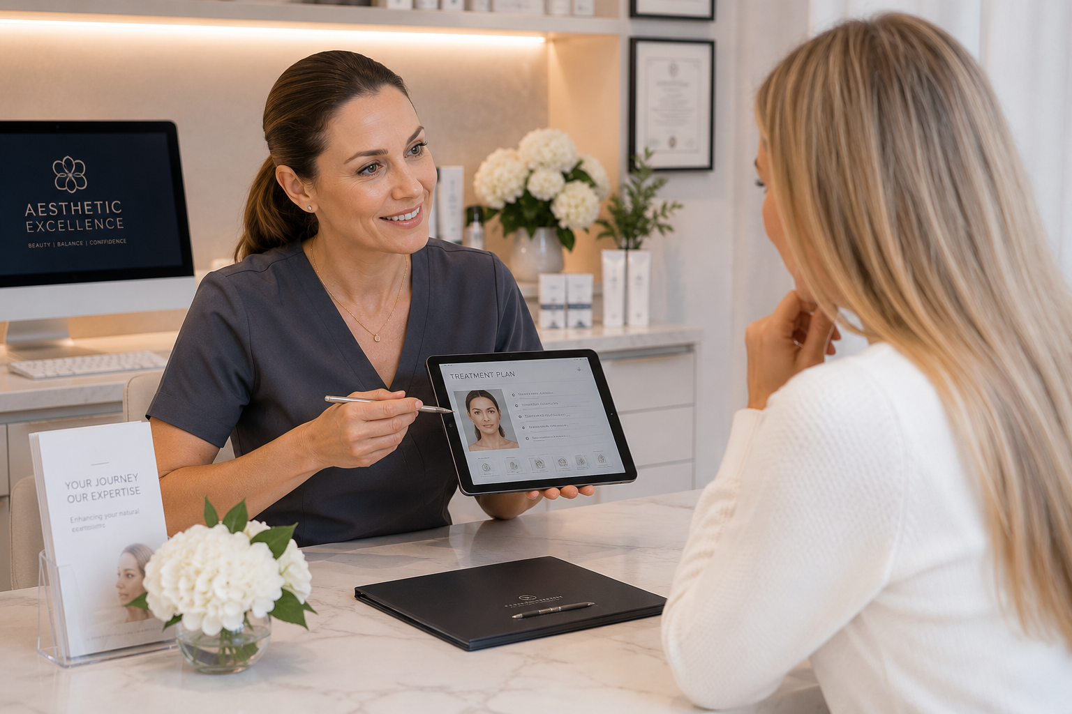 Aesthetic clinic owner consulting with a patient